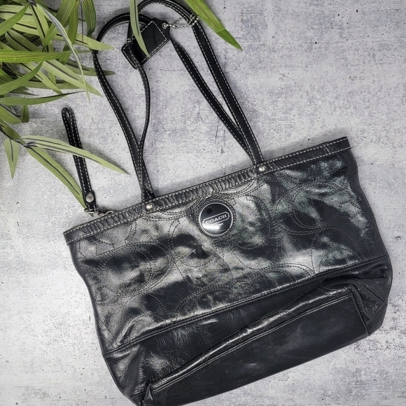 Coach | Signature Satchel Black Leather Tote Shoulder Bag - Picture 1 of 8